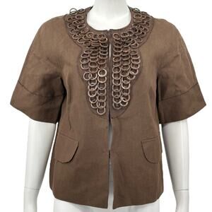 Vintage Milly‎ of New York Jacket Womens 6 Brown Embellished Linen Blazer Artsy